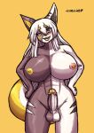  abs anthro balls big_breasts blush breasts brown_body canid erection fused fusion genitals gynomorph hair hi_res intersex komenuka_inaho long_hair mammal nipples nude open_mouth penis pink_nipples smile solo tail white_body white_hair yellow_nipples 