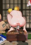  1girl absurdres ass blonde_hair board_game censored completely_nude drizzle_13 facing_away female_masturbation heart heart_censor highres indoors masturbation naruto_(series) nude scroll shogi shogi_piece squatting temari_(naruto) 