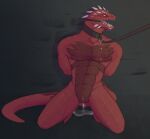  amiryth anthro bdsm bodily_fluids bondage bound collar cum cum_in_ass cum_inside cum_on_chest divinity:_original_sin_2 gag genital_fluids hands_behind_back hi_res kneeling leaking_cum leash leash_and_collar lizard lizard_(divinity) male nude open_mouth orange_eyes red_body red_scales reptile ring_gag scales scalie solo the_red_prince yellow_sclera 