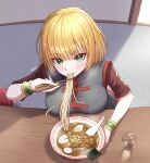  1girl absurdres arms_(game) bar_stool blonde_hair bowl breasts chopsticks eating food glass green_eyes grey_vest highres large_breasts leaning_forward looking_at_viewer min_min_(arms) no_headwear noodles ramen red_shirt ringed_eyes shirt short_hair short_sleeves solo stool table taro_(peach_taro51) vest vest_over_shirt water 
