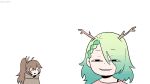  2girls antlers anya&#039;s_heh_face_(meme) bangs brown_hair ceres_fauna chaleko green_hair half-closed_eyes high_ponytail hololive hololive_english long_hair looking_at_another looking_at_viewer meme multiple_girls nanashi_mumei parted_lips simple_background smile spy_x_family troll_face white_background 