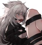  1girl absurdres animal_ears arknights ball_gag bangs black_coat coat cookie_(ppyf5328) gag grey_eyes grey_hair highres lappland_(arknights) long_hair long_sleeves restrained simple_background solo white_background wolf_ears wolf_girl 