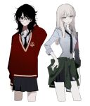  2girls arm_behind_head black_hair black_skirt blunt_ends cardigan cardigan_around_waist clothes_around_waist collarbone cropped_legs draco_malfoy fingernails genderswap genderswap_(mtf) glasses grey_hair harry_potter harry_potter_(series) jewelry kuimovi looking_at_viewer loose_necktie messy_hair multiple_girls nail_polish necktie open_collar pleated_skirt red_sweater_vest ring round_eyewear scar scar_on_face scar_on_forehead simple_background skirt sleeves_rolled_up straight_hair sweater_vest 