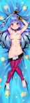  1girl absurdres bangs barefoot blue_hair breasts dakimakura_(medium) gloves highres hime_cut impossible_clothes kuka kula_diamond long_hair looking_at_viewer lying medium_breasts nude on_back on_bed purple_eyes pussy the_king_of_fighters the_king_of_fighters_xv 