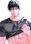  1boy abs bangs black_hair black_shirt clothes_lift commentary fushiguro_touji green_eyes jujutsu_kaisen lifted_by_self looking_at_viewer male_focus mature_male muscular muscular_male pectorals scar scar_on_face scar_on_mouth shenshan_laolin shirt shirt_lift short_hair short_sleeves smirk solo symbol-only_commentary wet 