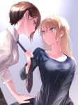 2girls bang_dream! blonde_hair blue_shirt brown_eyes brown_hair closed_mouth collarbone collared_shirt commentary eye_contact hand_on_another&#039;s_thigh highres kirigaya_touko long_hair looking_at_another multiple_girls necktie necktie_grab neckwear_grab pine_(pinepipp) shirt short_hair sleeves_rolled_up symbol-only_commentary underwear white_shirt yashio_rui yuri 