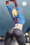  1girl arms_up ass ass_focus blonde_hair blue_jacket cammy_stretch_(meme) cammy_white cropped_jacket fingerless_gloves gloves hat highres huge_ass jacket lepypepy meme pants short_hair solo standing street_fighter street_fighter_6 stretching thick_thighs thighs union_jack yoga_pants 