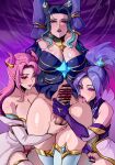  3girls arms_behind_head b.sa_(bbbs) breasts caressing_testicles choker cleavage elbow_gloves futanari gloves highres kai&#039;sa large_breasts league_of_legends long_hair multiple_girls pink_eyes pink_hair pink_nails purple_eyes purple_gloves purple_hair purple_lips testicles thighhighs tongue tongue_out 