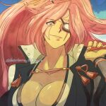  1girl baiken breasts cleavage collarbone eyepatch guilty_gear hatsubara_8chan highres long_hair looking_at_viewer pink_hair smirk 