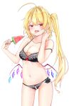  1girl ahoge bangs black_bra black_panties blonde_hair bow bow_bra bow_panties bra breasts cleavage commentary_request cowboy_shot crystal flandre_scarlet food half-closed_eyes hand_in_own_hair highres holding holding_food long_hair looking_to_the_side low_wings medium_breasts navel open_mouth panties partial_commentary popsicle red_eyes sakuramiya_nya saliva saliva_trail side-tie_panties side_ponytail simple_background single_hair_intake solo standing strap_slip sweat tongue tongue_out touhou underwear watermelon_bar white_background wings 
