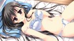  1girl akiyoshi_fuyuka bangs black_eyes black_hair blue_bra blue_panties blush bow bow_bra bow_panties bra breasts frilled_bra frills futon game_cg hair_ornament hand_on_own_chest highres kanojo_no_seiiki light_frown long_hair looking_at_viewer lying medium_breasts on_back on_bed on_floor panties parted_lips pillow ryouka_(suzuya) solo strap_slip underwear underwear_only wooden_floor 