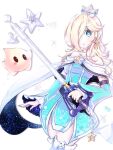  1girl alternate_costume bare_shoulders blonde_hair blue_dress brooch cowboy_shot crown detached_sleeves dress earrings hair_over_one_eye holding holding_weapon jewelry keyblade kingdom_hearts long_hair long_sleeves looking_at_viewer luma_(mario) mario_(series) nukoko12 off-shoulder_dress off_shoulder rosalina star_(symbol) star_earrings super_mario_galaxy weapon white_background 