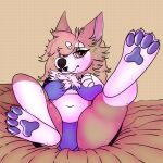  anthro bed bedding big_breasts blonde_hair blue_pawpads breasts brown_eyes canid canine canis domestic_dog female furniture genitals hair herding_dog hindpaw hybrid long_hair mammal pastoral_dog pawpads paws presenting presenting_pussy pussy simple_background solo welsh_corgi ymbren zapodawgz 