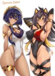  2girls alternate_costume ankh armlet armpits arms_behind_back arms_behind_head bangs black_gloves black_hair black_hairband black_one-piece_swimsuit black_ribbon blonde_hair blue_eyes blue_hair breasts candace_(genshin_impact) circlet cleavage_cutout clothing_cutout commentary_request competition_swimsuit covered_navel covered_nipples dark-skinned_female dark_skin dehya_(genshin_impact) diamond-shaped_pupils diamond_(shape) elbow_gloves genshin_impact gloves hair_between_eyes hair_ears hairband heterochromia highleg highleg_swimsuit highres kuga_zankurou large_breasts leg_ribbon long_hair looking_at_viewer multicolored_hair multiple_girls one-piece_swimsuit open_mouth parted_lips red_one-piece_swimsuit ribbon short_hair_with_long_locks sideboob signature skindentation smile streaked_hair swimsuit symbol-shaped_pupils thighs white_background yellow_eyes 