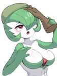  1girl arm_up bags_under_eyes bangs blush bob_cut breasts cabbie_hat cleavage clothed_pokemon collarbone colored_skin commentary disembodied_limb drooling gardevoir green_hair green_headwear green_skin hair_over_one_eye half-closed_eyes hand_on_another&#039;s_arm hand_up hat heart heart-shaped_pupils highres ilgirul large_breasts looking_up mouth_drool multicolored_skin one_eye_covered open_mouth pokemon pokemon_(creature) raised_eyebrows red_eyes short_hair simple_background solo_focus standing symbol-shaped_pupils teeth tongue two-tone_skin upper_body white_background white_skin 