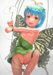  ! 1girl absurdres antennae aqua_hair bad_anatomy bangs bar_censor blush breasts butterfly_wings censored dress eternity_larva fairy female_pubic_hair green_dress hair_between_eyes highres leaf leaf_on_head nipples open_mouth panties panty_pull pubic_hair pussy short_hair small_breasts solo spoken_exclamation_mark touhou underwear white_panties wings yawdeone yellow_eyes 