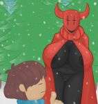  ambiguous_gender breasts clothed clothing duo exposed female frisk_(undertale) genitals hair hi_res horn human humanoid mammal mask nacarat_jester nipples plant public pussy red_cloak red_horn red_scarf scarf smile snow standing sweater topwear tree undertale undertale_(series) unknown_artist 