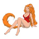  absurd_res breasts chest_(disambiguation) feet felid female fingers fluffy green_eyes hair hands hi_res legs lion mammal mommylemon orange_hair pantherine red_swimming_suit solo tail 
