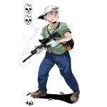  1boy animification ar-15 baseball_cap black_bag blue_eyes blue_pants boots commentary cross-laced_footwear dated firstamericanmanga full_body gloves green_shirt grey_footwear gun hat holding holding_gun holding_weapon kyle_rittenhouse light_brown_hair looking_ahead nervous optical_sight orange_bag pants parted_lips real_life rifle shadow shell_casing shirt short_hair short_sleeves simple_background skull smoke solo standing sweat t-shirt two-tone_bag weapon white_background white_gloves white_headwear 