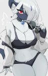  absol absurd_res anthro blush breasts clothed clothing female generation_3_pokemon hi_res looking_at_viewer nintendo open_mouth pokemon pokemon_(species) pokemorph red_eyes simple_background solo underwear white_background white_body yoru_vida 
