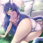  1girl all_fours animal_ears ass blue_hair blush cat_ears cat_girl cat_tail commentary_request d: fang grass green_eyes kneepits lamp long_hair looking_at_viewer looking_back nakahira_guy original panties shirt slit_pupils t-shirt tail thighs underwear v-shaped_eyebrows 
