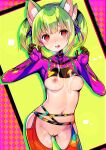 1girl absurdres animal_ears blush bodysuit breasts cat_ears cum cum_on_body dohna_dohna_issho_ni_warui_koto_o_shiyou extra_ears green_hair highres kirakira_(dohna_dohna) kuka looking_at_viewer medium_hair midriff multicolored_bodysuit multicolored_clothes multicolored_hair navel nipples orange_eyes partial_bodysuit pink_hair pussy skindentation small_breasts smile solo twintails two-tone_hair underboob 