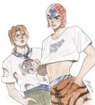  2boys animal_print black_eyes commentary_request crop_top frown guido_mista hand_in_pocket hat jojo_no_kimyou_na_bouken korean_commentary male_focus midriff mm_jjba multiple_boys orange_hair pannacotta_fugo parted_lips purple_eyes shirt signature smile t-shirt tiger_print vento_aureo 