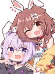  2girls :d ;d animal_collar animal_ears bangs black_collar black_hoodie blush braid brown_eyes brown_hair cat_ears cat_girl chibi collar commentary crossed_bangs dog_ears dog_girl dog_tail dress extra_ears fake_animal_ears hair_between_eyes hair_ornament hair_over_shoulder hairclip hand_on_another&#039;s_shoulder head_on_head head_rest hololive hood hoodie inugami_korone jacket long_hair looking_at_viewer low_twin_braids low_twintails multiple_girls nekomata_okayu off_shoulder one_eye_closed open_clothes open_jacket open_mouth purple_eyes purple_hair rabbit_ears rabiiandrain red_collar short_dress short_hair simple_background sleeveless sleeveless_dress smile tail twin_braids twintails virtual_youtuber white_background white_dress yellow_jacket 