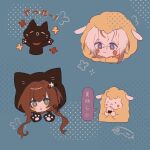  1boy 1girl animal_ears animal_hood black_cat blue_background brown_hair cat cat_ears chibi collar_x_malice green_eyes hetero highres hood hoshino_ichika_(collar_x_malice) long_hair multicolored_hair okazaki_kei purple_eyes sheep sheep_ears short_hair translation_request w047 white_hair 