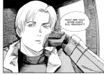  1boy border copyright_name english_text fingerless_gloves forced_title_drop gloves greyscale halftone highres leon_s._kennedy long_hair looking_at_viewer monochrome parody parted_lips resident_evil resident_evil_4 short_hair solo upper_body white_border xyanaid 