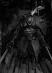  1other ambiguous_gender artist_name ascot bloodborne boots copyright_name dual_wielding from_above gem gloves hat hat_feather highres holding holding_sword holding_weapon hunter_(bloodborne) monochrome solo standing sword tricorne tripdancer weapon 
