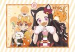  1boy 1girl absurdres agatsuma_zenitsu animal_ears animal_hands animal_print bird bit_gag black_hair blonde_hair bow brown_hair cat cat_ears cat_tail chuntarou_(kimetsu_no_yaiba) demon_slayer_uniform fish_print forehead gag hair_ribbon haori highres japanese_clothes kamado_nezuko kimetsu_no_yaiba kimono long_hair long_sleeves multicolored_hair pink_eyes pink_kimono pink_ribbon pori_(kmt_pori) ribbon short_hair tail teeth very_long_hair yellow_eyes 