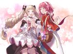  2girls :d ankle_boots basket blonde_hair blush boots bow choker collarbone detached_sleeves dress drill_hair elise_(fire_emblem) elise_(valentine)_(fire_emblem) fire_emblem fire_emblem_fates fire_emblem_heroes flower_bracelet hair_bow hairband highres holding holding_basket holding_hands japanese_clothes kimono long_hair multiple_girls official_alternate_costume open_mouth pink_background pink_eyes pink_hair purple_eyes purple_hair sakura_(fire_emblem) sakura_(valentine)_(fire_emblem) short_hair smile sobasakuhin teeth twintails very_long_hair white_background white_dress white_hairband white_kimono 
