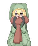  1boy adjusting_scarf androgynous black_gloves blonde_hair blue_eyes commentary_request eieiwas elona fingerless_gloves gloves green_headwear hat highres jester_cap kumiromi_of_harvest long_sleeves looking_to_the_side male_focus medium_hair otoko_no_ko red_scarf scarf 