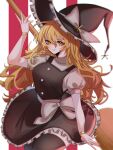 1girl bangs black_thighhighs blonde_hair blurry blurry_background bow bracelet braid breasts broom chromatic_aberration depth_of_field frills hair_between_eyes hat hat_bow hat_iue highres holding holding_broom jewelry kirisame_marisa large_breasts light_smile long_hair looking_at_viewer puffy_short_sleeves puffy_sleeves short_sleeves side_braid simple_background solo thighhighs touhou very_long_hair white_background white_bow witch_hat yellow_eyes 