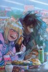  2girls 3boys :d all_might bangs bento black_hair blonde_hair blunt_bangs blush boku_no_hero_academia bottle brown_eyes brown_hair burn_scar cameo can candy casual cheek_piercing chopsticks convenience_store covered_face cup_ramen dabi_(boku_no_hero_academia) double_bun drink drooling ear_piercing eating english_commentary fangs feet_out_of_frame food fork freckles from_side green_eyes green_hair hair_bun half-closed_eyes hand_up hands_up holding holding_chopsticks holding_food holding_fork holding_knife hood hood_up indoors knife lollipop long_sleeves looking_ahead looking_down loveariddle messy_hair midoriya_izuku multiple_boys multiple_girls multiple_piercings multiple_scars narrowed_eyes neon_lights onigiri open_mouth parted_lips piercing puffy_long_sleeves puffy_sleeves saliva scar shelf shigaraki_tomura shop sign smile spiked_hair steam swept_bangs teeth toga_himiko upper_body uraraka_ochako yellow_eyes 