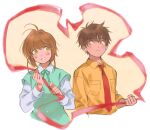  1boy 1girl antenna_hair bangs blush blush_stickers breast_pocket brown_eyes brown_hair cardcaptor_sakura casual clenched_hand closed_mouth collared_shirt couple cropped_torso dot_nose eye_contact green_eyes green_ribbon grin hair_between_eyes hair_intakes hand_up hands_up hetero holding holding_ribbon kinomoto_sakura li_xiaolang long_sleeves looking_at_another looking_to_the_side loveariddle neck_ribbon necktie parted_lips pocket red_necktie red_ribbon ribbon shirt short_hair sidelocks sleeves_rolled_up smile upper_body w_arms white_background white_shirt wing_collar yellow_background yellow_shirt 
