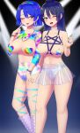  2girls ;d ;p alternate_costume bangs black_nails blue_eyes blue_hair blue_nails blush breasts choker dark_background dark_blue_hair ear_piercing earrings eyeshadow glitter gradient_background hair_between_eyes hairband hand_up hat highres holding hoop_earrings iizunamaru_megumu industrial_piercing jewelry joint_(drug) large_breasts light long_hair looking_at_viewer makeup multicolored_nails multiple_girls nail_polish navel necklace o-ring one_eye_closed open_mouth pasties piercing red_eyes see-through short_hair simple_background smile star_(symbol) star_earrings tenkyuu_chimata tokin_hat tongue tongue_out tongue_piercing touhou zakku_(kya--193) 