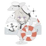  1boy anchor chibi collar_x_malice dolphin full_body grey_hair hat highres looking_at_viewer male_focus okazaki_kei pale_skin pants purple_eyes sailor_collar sailor_hat sailor_shirt shirt short_hair solo w047 white_background white_hair white_shirt 