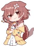  1girl :3 animal_collar animal_ears bangs braid brown_eyes brown_hair chibi closed_mouth collar cropped_torso crossed_arms dog_ears dog_girl dog_tail doyagao dress extra_ears hair_between_eyes hair_ornament hair_over_shoulder hairclip hololive inugami_korone jacket long_hair looking_at_viewer low_twin_braids low_twintails off_shoulder open_clothes open_jacket rabiiandrain red_collar short_dress simple_background sleeveless sleeveless_dress smug solo sparkle tail tail_wagging twin_braids twintails virtual_youtuber white_background white_dress yellow_jacket 