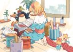 1girl alice_margatroid barefoot blonde_hair blue_dress blue_eyes book capelet dress hairband holding holding_book indoors kneeling lolita_hairband long_sleeves open_book plant potted_plant red_hairband shanghai_doll short_hair solo touhou white_capelet window yayin_(yayin233) 