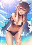  1girl :d ahoge bare_arms bare_shoulders beach bikini black_bikini black_choker black_hair breasts brown_eyes check_copyright choker cleavage commission copyright_request cowboy_shot day hand_on_own_thigh hand_up kouzuki_tsubasa_(musou_kaidou) large_breasts long_hair looking_at_viewer navel open_mouth original outdoors skeb_commission smile solo stomach string_bikini sunlight swimsuit thighs very_long_hair wet 
