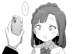  ... 1boy 1girl @_@ bangs blush bow bowtie braid cellphone commentary_request dot_nose greyscale holding holding_phone hypnosis idolmaster idolmaster_million_live! looking_at_another minazuki_tooru mind_control monochrome nanao_yuriko open_mouth phone shirt short_hair smartphone spoken_ellipsis upper_body white_background wing_collar 