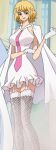  blonde_hair blue_eyes breasts cape dress gloves highres lace-trimmed_legwear lace_trim large_breasts necktie non-web_source one_piece stussy white_dress white_gloves 