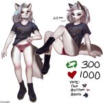  2023 anthro canid canid_demon clothed clothing clothing_lift demon dialogue female hellhound helluva_boss hi_res lace lingerie looking_at_viewer loona_(helluva_boss) mammal multiple_poses pantsless pose ratatooey shaded shirt shirt_lift signature simple_background smile solo strip_game t-shirt topwear underwear white_background 