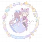  1boy 1girl alice_(alice_in_wonderland) alice_(alice_in_wonderland)_(cosplay) alice_in_wonderland animal_ears blue_dress brown_hair chibi collar_x_malice cosplay dormouse_(alice_in_wonderland) dormouse_(alice_in_wonderland)_(cosplay) dress eye_mask green_eyes hetero highres holding_hands hoshino_ichika_(collar_x_malice) mouse_boy mouse_ears mouse_tail okazaki_kei tail w047 