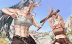  2girls abs armpits arms_up bandages bandeau bare_arms bare_shoulders blonde_hair blue_sky breasts brown_shorts chest_sarashi cloud commentary day grey_hair holding holding_weapon horns long_hair medium_breasts midriff multiple_girls nashidrop navel oni_horns original ponytail sarashi shorts single_horn sky stomach strapless tube_top upper_body very_long_hair weapon 