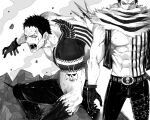  1boy abs back_tattoo bake_ryori black_gloves blood blood_on_face charlotte_katakuri chest_tattoo covered_mouth gloves greyscale highres looking_at_viewer monochrome muscular muscular_male one_piece open_mouth pectorals polearm rubble scarf sharp_teeth shoulder_tattoo skull spiked_anklet tattoo teeth trident weapon 