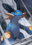  all_fours fins fish_tail from_below head_fins highres looking_ahead no_humans on_ground outdoors parted_lips pokemon solo swampert tail tesshii_(riza4828) water water_drop waterfall wet yellow_eyes 