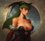  1girl bangs bare_shoulders bat_(animal) blunt_bangs breasts brown_pantyhose cleavage clothing_cutout dave_rapoza demon_girl detached_sleeves feather_trim green_eyes green_hair head_wings heart_cutout highleg highleg_leotard highres large_breasts leotard lips long_hair morrigan_aensland nose pantyhose realistic solo straight_hair strapless strapless_leotard vampire_(game) 